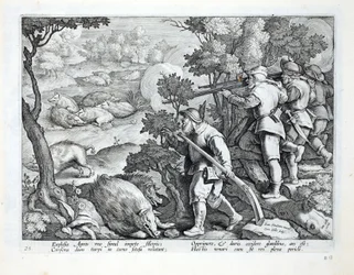 Les chasseurs utilisent des fusils pour abattre des sangliers, illustration de 